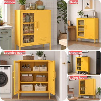 Yellow Lockable Metal Storage Cabinet, Multi-Functional Locker with Adjustable Shelf,Metal Double Door Sideboard for Kitchen Home Office Size：33" H X 29.5" W X 13.8" D