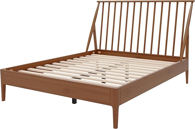 Merax Queen Size Solid Bamboo Wood Spindle Platform Bed with 46.5" Tall Headboard, Bohemian Bed Frame with Wooden Slats and Metal Support, Mid-Century Modern Style,No Box Spring Needed, Brown