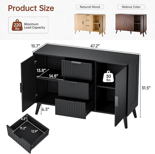 47.2" Fluted Sideboard Buffet Cabinet with 3 Drawers, Black Modern Buffet Cabinet with Storage, Large Storage Cabinets with 2 Doors Accent Credenza for Kitchen, Living Room, Entryway
