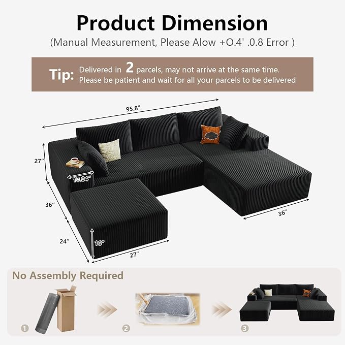 95" Cloud Sectional Couch U-Shaped Chaise with Ottoman, Corduroy Boneless Couch for Living Room Bedroom, Deep-Seat Upholstered Modular Cloud Sofa, No Assembly Required (Black, Right Facing Chaise)