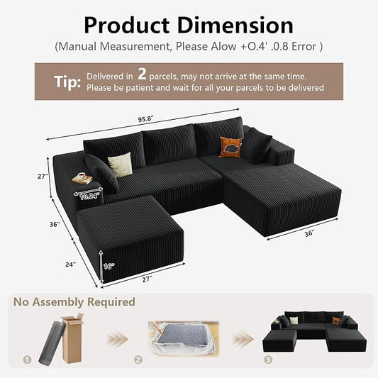 95" Cloud Sectional Couch U-Shaped Chaise with Ottoman, Corduroy Boneless Couch for Living Room Bedroom, Deep-Seat Upholstered Modular Cloud Sofa, No Assembly Required (Black, Right Facing Chaise)