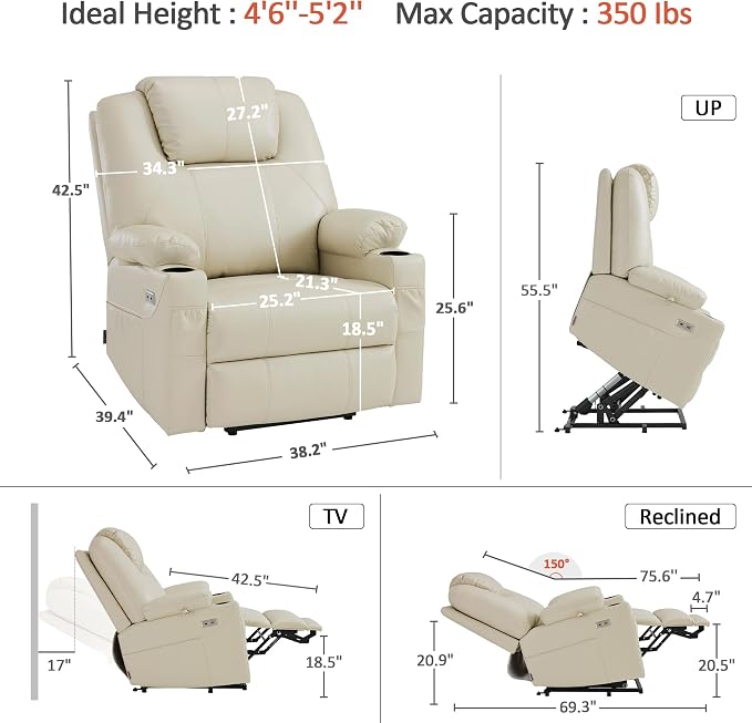 MCombo Power Lift Recliner Chair for Elderly R7042(Cream White, Small-Wide) | Heat and Massage, Breathable Faux Leather, USB& Type C Charging Port, FSC Certified