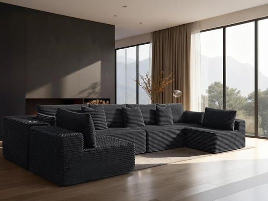 138" Cloud Sectional Couch, Comfort U Shaped Sofa for Living Room, Extra Deep Seats No Assembly, Minimalist Modular Couch, Corduroy (Black, 6 Seats,U-Shape B)
