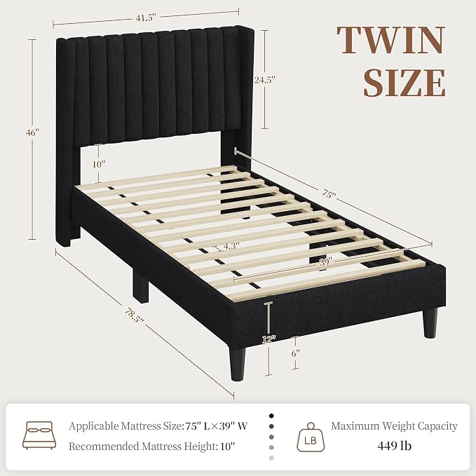 Yaheetech Twin Bed Frame Upholstered Platform Bed with Fabric Headboard, Wing Edge Design/Non-Slip and Noise-Free/Wooden Slats Support/No Box Spring Needed/Easy Assembly,Black Twin Bed