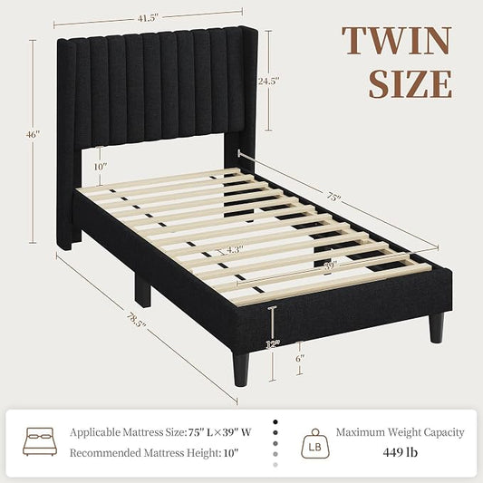 Yaheetech Twin Bed Frame Upholstered Platform Bed with Fabric Headboard, Wing Edge Design/Non-Slip and Noise-Free/Wooden Slats Support/No Box Spring Needed/Easy Assembly,Black Twin Bed