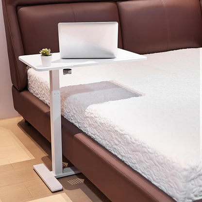 Adjustable Overbed Bedside Table with Hidden Wheels, Pneumatic Tilt Board Rolling Laptop Standing Desk Cart, Mobile Over Bed Sofa Chair Side End Tables, Walnut (White)
