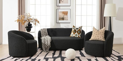 KINWELL 68" Boucle Upholstered Loveseat Sofa with Set of 2 Swivel Barrel Accent Chairs, Minimalist Comfy 2-Seater Couch and 2 Sherpa Armchairs for Small Spaces Apartment, Black
