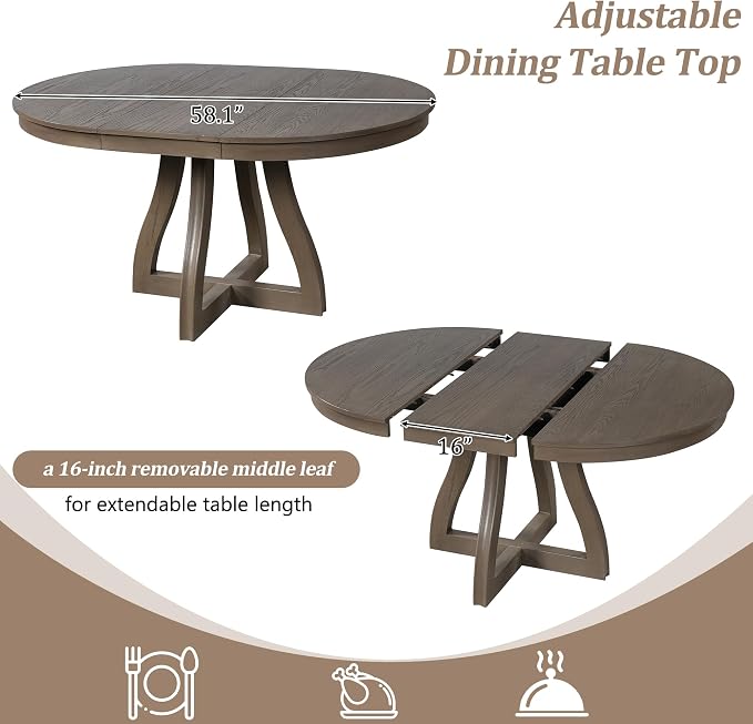 LUMISOL 42"-58" Extendable Round Dining Table for 4-6, Farmhouse Kitchen Table with 16” Middle Leaf and Curved Table Legs for Kitchen, Dining Room, Apartment, Espresso