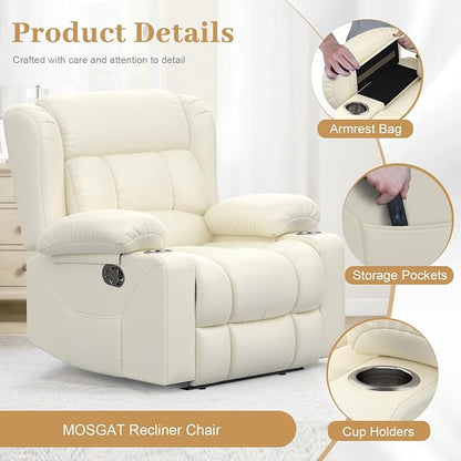 RV Recliner Chair, Oversized Reclining Loveseat Home Theater Seating with Cup Holders, Insert Pockets, Wall Hugger RV Recliners for Movie Room, Recline Movie Seats Gaming Sofa, White