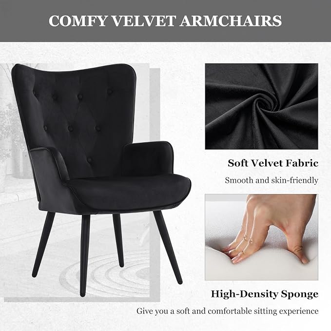 Furnimart Accent Chairs Set of 2, Black Velvet Reading Armchairs with High Backrest, Wingback Corner Chairs - Mid Century Modern for Living Room, Bedroom, Waiting Room