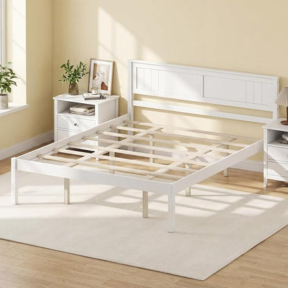 Giantex Queen Wood Platform Bed Frame with Headboard, Mid Century Queen Bed Frame with Wood Slat Support, Solid Wood Foundation with 16" Under Bed Storage, No Box Spring Needed, Easy Assembly (White)