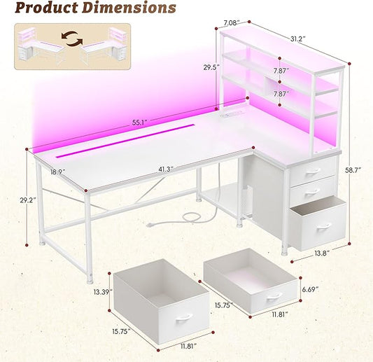 DurayLoly 55''White Desk with 3 Fabric Drawers & Shelf, Remote LED Power Outlet for Bedroom