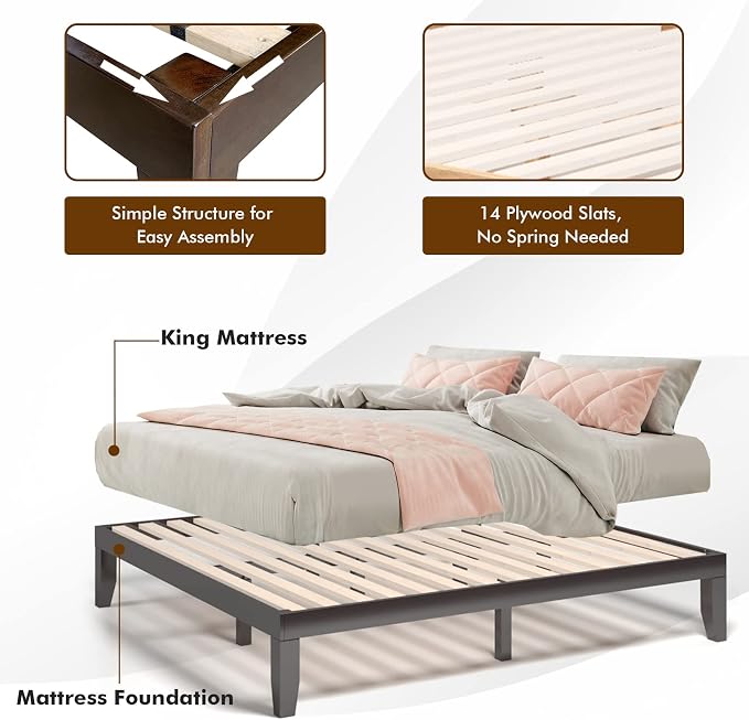 COSTWAY King Size Platform Bed Frame, 14 Inches Solid Rubber Wood Bed Mattress Foundation with Sturdy Slats Support, Easy Assembly Bed Frame for Home Hotel, No Box Spring Needed (Espresso, King)