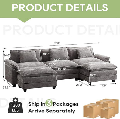 Oprisen 120" Modular Sectional Sofa, Comfy Cloud Couch Sectional Sofa with Ottoman, Chenille Sofa Sleeper Deep Seat Sofa with Throw Pillows for Living Room (Light Gray, 120"- U Shape)