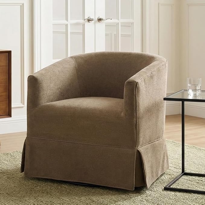 Swivel Accent Chair for Living Room, 360° Upholstered Barrel Swivel Chair with Skirted Base, Modern Linen Armchair for Bedroom, Reading Nook, Small Space Chair, Brown