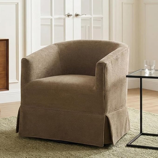 Swivel Accent Chair for Living Room, 360° Upholstered Barrel Swivel Chair with Skirted Base, Modern Linen Armchair for Bedroom, Reading Nook, Small Space Chair, Brown