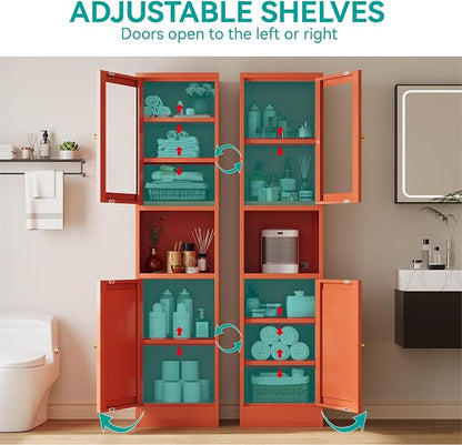 67" Tall Metal Narrow Storage Cabinet with Glass Door and Open Shelf, Shaker Style Slim Cabinet with Adjustable Shelves for Kitchen Bathroom Living Room Laundry Small Spaces, Orange, 1Pc