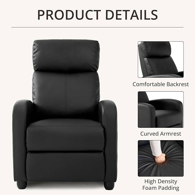 Leather Recliner Chair for Living Room, Modern Adjustable Home Theater Seating Single Sofa with Adjustable Backrest & Padded Armrests, Manual Push Back Armchair for Small Spaces,Black