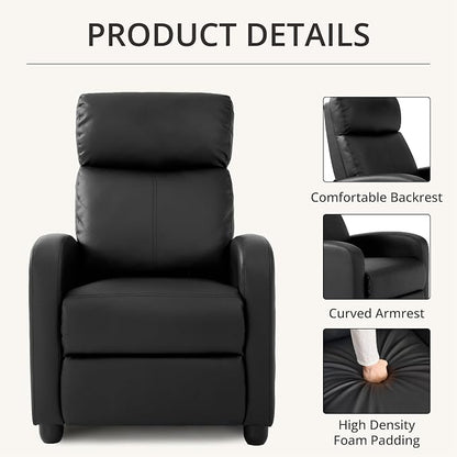 Leather Recliner Chair for Living Room, Modern Adjustable Home Theater Seating Single Sofa with Adjustable Backrest & Padded Armrests, Manual Push Back Armchair for Small Spaces,Black