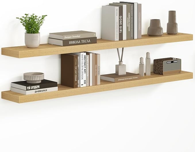 Fun Memories 55 Inch Floating Shelves - Fireplace Mantel Shelf - Deep Wall Mounted Wood Storage Shelf for Bedroom, Kitchen, Farmhouse - 2 Pack, Oak