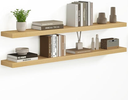 Fun Memories 55 Inch Floating Shelves - Fireplace Mantel Shelf - Deep Wall Mounted Wood Storage Shelf for Bedroom, Kitchen, Farmhouse - 2 Pack, Oak