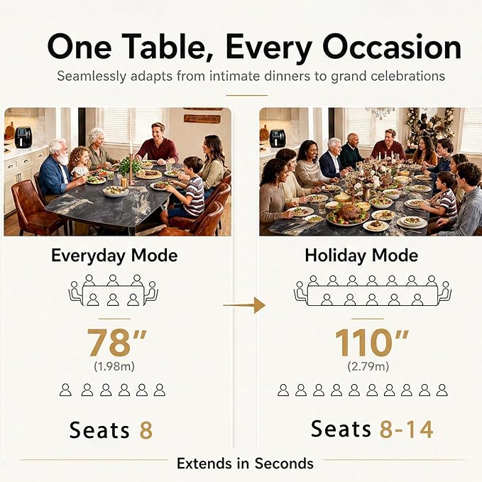 Honyee Extendable Dining Table with Leaf, 78 to 110 Inch Rectangular Sintered Stone, Modern Large Dining Room Table Seats 6 8 10 12, Metal Base, Marble Look for Family Gatherings