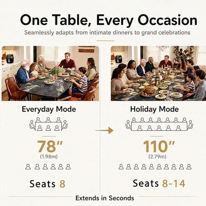 Honyee Extendable Dining Table with Leaf, 78 to 110 Inch Rectangular Sintered Stone, Modern Large Dining Room Table Seats 6 8 10 12, Metal Base, Marble Look for Family Gatherings
