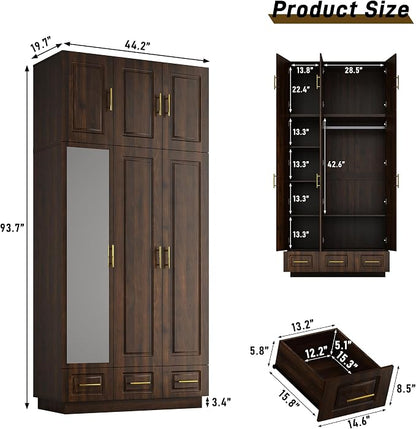 Hlivelood Large Armoire Wardrobe Closet Cabinet with Drawers and LED Lights, Multi-Tier Shelves, Hanging Rod, Large Capacity Storage 3 Door Wardrobe Armoire with Top Cabinet for Bedroom, Brown