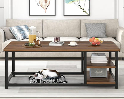 EXCEFUR Modern Coffee Table, Rustic Wood and Metal Center Table for Living Room, Industrial Rectangle Cocktail Tea Table with Storage Shelf, Walnut, 47 Inch