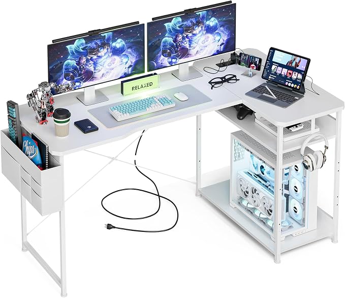 Acrolix L Shaped Gaming Desk 55 Inch - Computer Corner Desk with Power Outlets, Reversible Shelves & Storage Bag for Home Office, PC Gaming Table, White Carbon