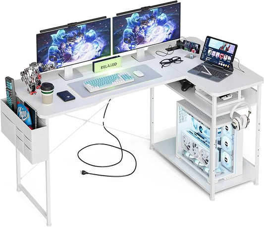 Acrolix L Shaped Gaming Desk 55 Inch - Computer Corner Desk with Power Outlets, Reversible Shelves & Storage Bag for Home Office, PC Gaming Table, White Carbon