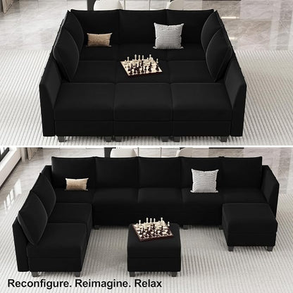 Belffin Large Modular Sectional Sofa Sleeper Couch with Storage Velvet Sectional Sofa Bed for Living Room, 9 Seats, Black