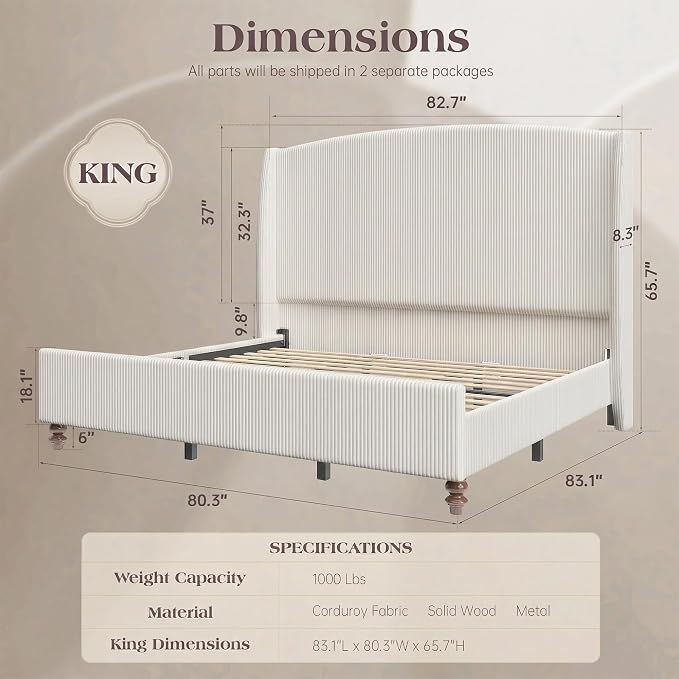 65.7" Tall Headboard King Size Upholstered Bed Frame with Wingback, Soft Washable Corduroy Beds Cover, Solid Wood Legs, Noise-Free, No Box Spring Needed, Cream