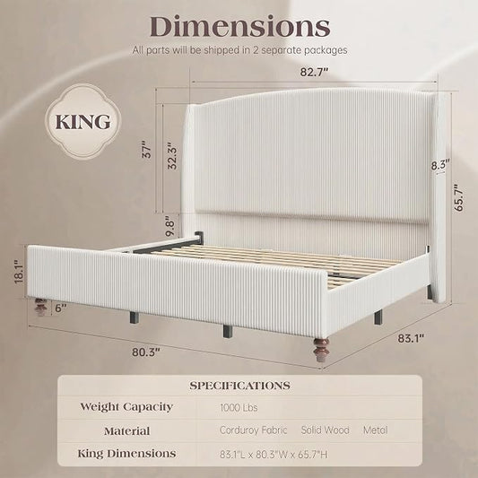65.7" Tall Headboard King Size Upholstered Bed Frame with Wingback, Soft Washable Corduroy Beds Cover, Solid Wood Legs, Noise-Free, No Box Spring Needed, Cream
