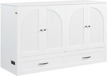 Ball & Cast Murphy Bed Queen Size Bedroom Folding Wall Cabinets Frame with Large Drawer and USB Ports,Hideaway Bed w/Tri-Fold Mattress Design,for Guest Room,Study,Office,White