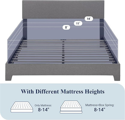 Allewie Full Size Bed Frame with Adjustable Headboard, Upholstered Platform Bed with Wood Slats, Heavy Duty Mattress Foundation, No Box Spring Needed, Noise-Free, Easy Assembly, Light Grey