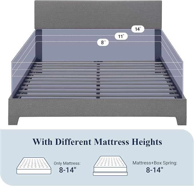 Allewie Queen Bed Frame with Upholstered Adjustable Headboard, Platform Bed with Wood Slats, Heavy Duty Mattress Foundation, No Box Spring Needed, Easy Assembly, Light Grey