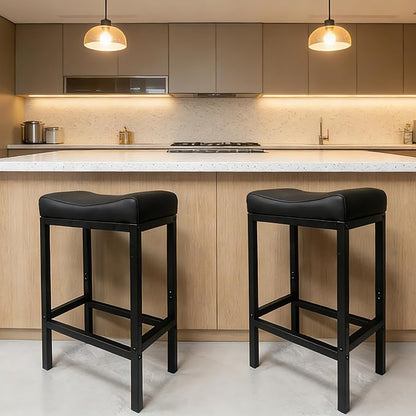 Bar Stools Set of 2, 30 Inch Backless Counter Height Bar Stools with Soft Faux Leather Seat, 300 LB Heavy Duty Padded Saddle Barstool Chair for Modern Kitchen Island Counter (Black)