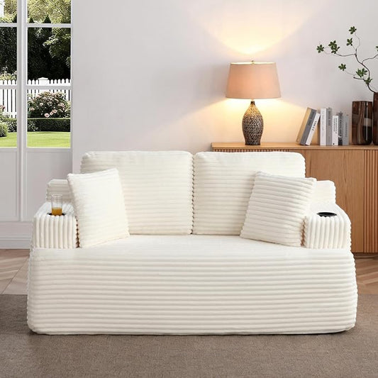 66.5'' Boneless Sofa Couch with Cup Holders & Side Pockets, Modern Corduroy Fabric Upholstered Loveseat Couch with 2 Throw Pillows for Living Room Office, No Assembly (Beige)