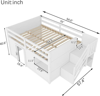 Bellemave Full Size Low loft Bed for Kids,Wood Loft Beds,Modern Farmhouse Full loft Bed,Loft Bed with Desk and Storage, No Box Spring Needed,for Kids, White and Natural