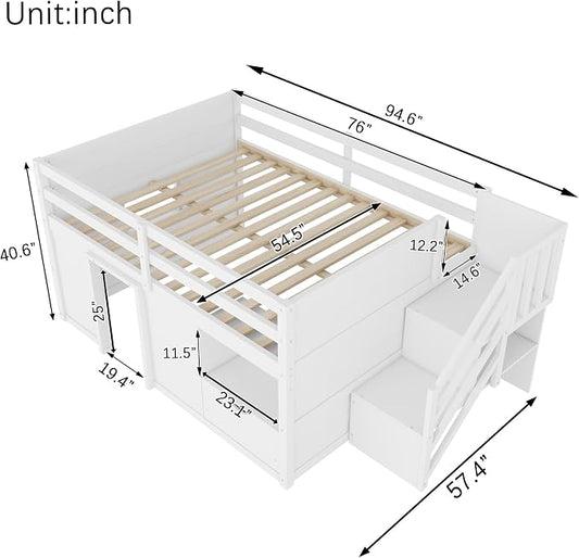 Bellemave Full Size Low loft Bed for Kids,Wood Loft Beds,Modern Farmhouse Full loft Bed,Loft Bed with Desk and Storage, No Box Spring Needed,for Kids, White and Natural