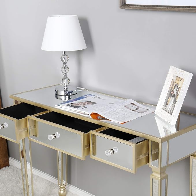 VINGLI Mirrored Vanity Desk with 3 Drawers, Multifunctional Home Office Desks, Modern Console/Sofa/Makeup Desk for Bedroom/Living Room/Entryway, Gold