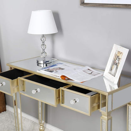 VINGLI Mirrored Vanity Desk with 3 Drawers, Multifunctional Home Office Desks, Modern Console/Sofa/Makeup Desk for Bedroom/Living Room/Entryway, Gold
