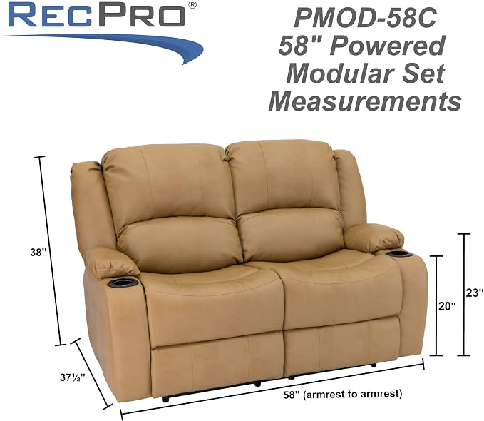 RecPro Charles 58" Powered Double RV Wall Hugger Recliner Sofa RV Loveseat with Upgraded 2023 Fabric (Toffee)