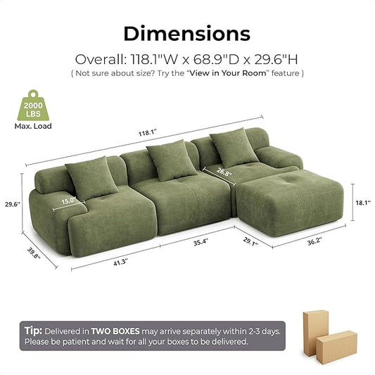 LIKIMIO LumiCord Modular Sectional Sofa with Ottoman, 118" L-Shaped Boneless Couch for Living Room, Oversized Deep Seat with Corduroy Upholstery, No Assembly Required, Olive Green