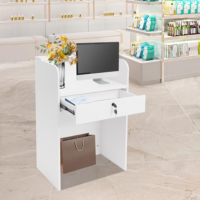 CNCEST Modern Reception Desk for Small Spaces with Locking Storage,L-Shaped Office Front Desk & Checkout Counter, with LED Light,for Hotel/Shop/Beauty Salon (White)