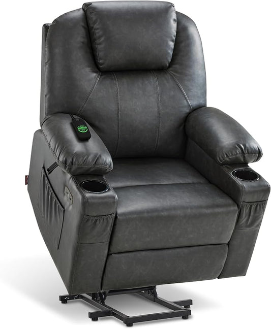 MCombo Large Power Lift Recliner Chair for Elderly, Lift Chair with Heat and Massage for Tall People, Extended Footrest, USB & Type C Ports, Cup Holders, Faux Leather 7516 (Large, Grey)