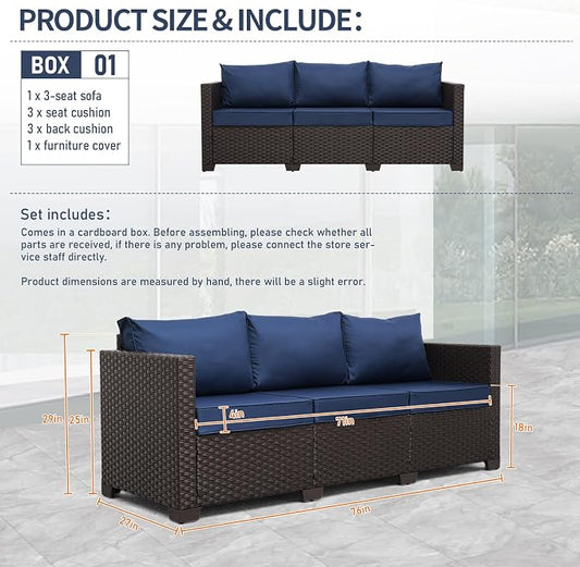 Rattan Star Patio Furniture Outdoor Couch 3 Seater Sofa Outdoor Brown Wicker Sofa Deep Seat High Backrest Patio Couch with Non-Slip Cushions and Waterproof Cover, Navy Blue