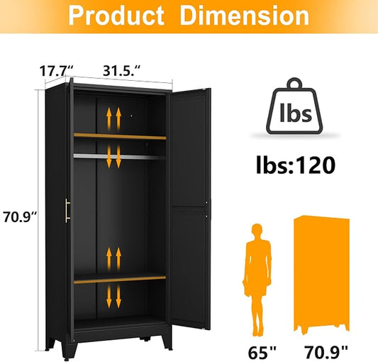 Ckzbx 71" H Metal Armoire Wardrobe Closet, Adjustable Shelve, Clothes Drying Pole, Steel Wardrobe Cabinet for Bedroom (Black)