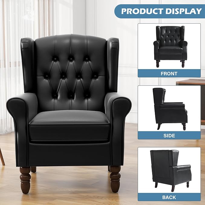 Faux Leather Accent Chairs Set of 2, High Back Upholstered Armchair for Living Room, Wingback Chair Comfy Single Sofa Bedroom Reading Seat with Solid Wood Legs - Black